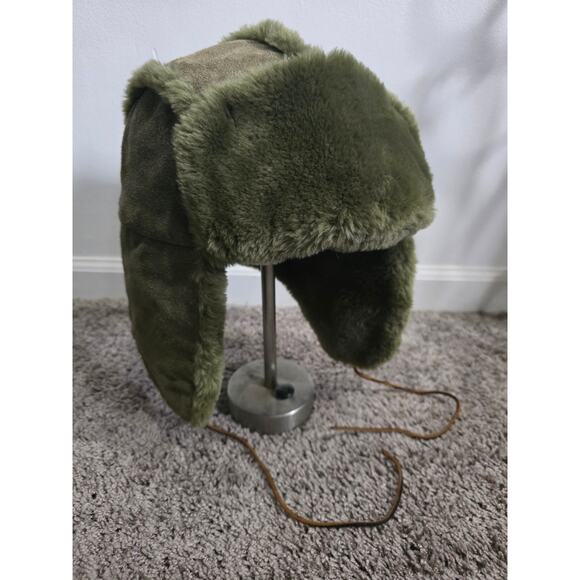 Vintage Gap Distressed Sherpa Fleece Lined Suede Leather Trapper Hat Green S/M - Picture 2 of 8